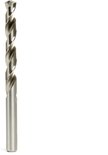 Een enkele metalen spiraalboor met schroefdraad, geïsoleerd op een witte achtergrond.