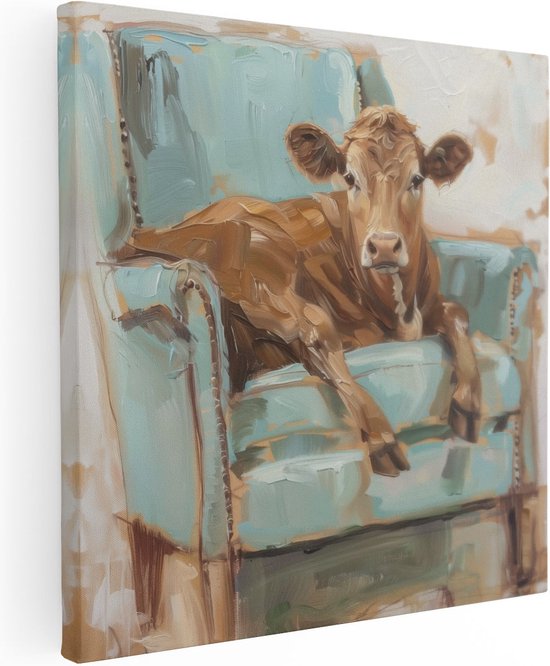 Artaza Tableau sur toile Vache reposant sur une chaise bleue - 50x50 - Décoration murale - Photo sur toile - Impression sur toile