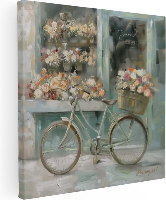 Tableau sur toile Artaza représentant un vélo devant un fleuriste - 50x50 - Décoration murale - Photo sur toile - Impression sur toile