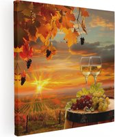 Artaza Canvas Schilderij Twee Glazen Wijn en Druiven op een Vat bij Zonsondergang - 50x50 - Wanddecoratie - Foto Op Canvas - Canvas Print