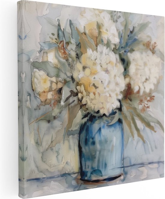 Artaza Canvas Schilderij Witte Bloemen in een Blauwe Vaas - 60x60 - Muurdecoratie - Foto Op Canvas - Canvas Print