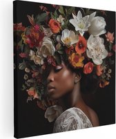 Artaza Tableau sur toile Femme noire avec des Fleurs sur la tête - 60x60 - Décoration murale - Photo sur toile - Impression sur toile
