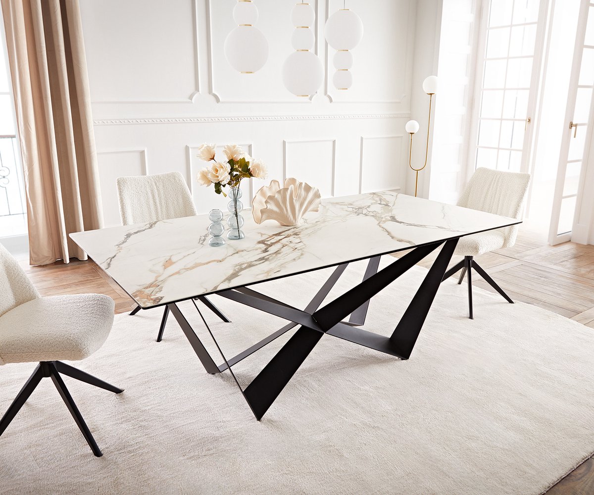 DELIFE Eetkamertafel Edge keramiek Calacatta Luxe wit-goud-grijs 200x100 spider vlak staal zwart Weiß-Gold-Grau