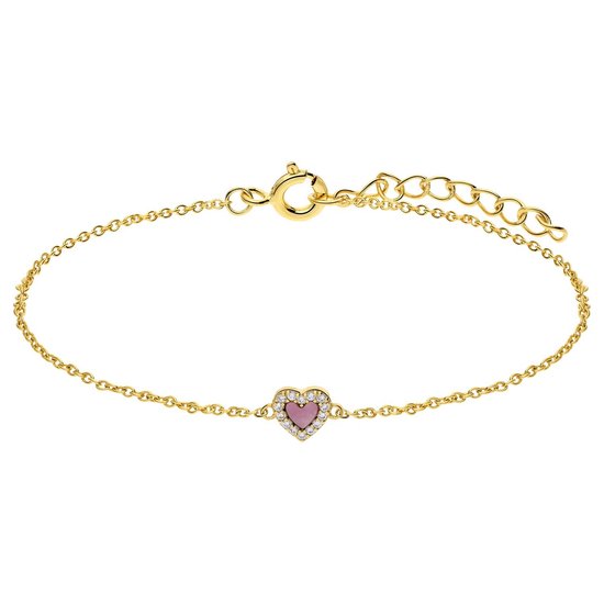 Lucardi Dames Zilveren goldplated ketting met een hartvormige Rhodonite gemstone - Armband - Staal - Goud - 19 cm