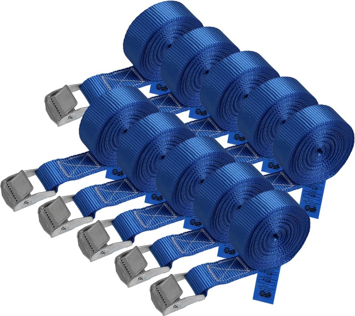 Sjorband spanband bevestigingsband met klemgesp blauw beschikbaar in verschillende lengtes en hoeveelheden draagvermogen tot 250 kg DIN EN 12195-2 10 stucks 2.5 cm x 4 m