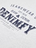 Lichtgrijs T-shirt met blauwe tekst: JEANWEAR CO. EST.1975 RAW & DENIM DENIMFY SUPERIOR QUALITY SAN FRANCISCO, CALIFORNIA / U.S.A. LIMITED EDITION.