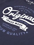 Donkerblauw T-shirt met witte tekst: DENIMFY, Original, TRADE MARK, SINCE 1972, PREMIUM QUALITY, AUTHENTIC AND HANDCRAFTED