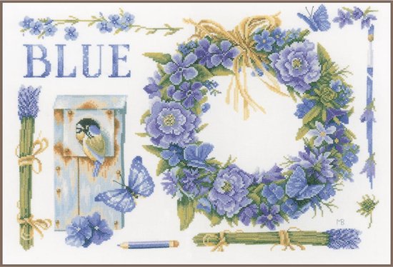 borduurpakket PN0149993 marjolein bastin, lavendelkrans met pimpelmees