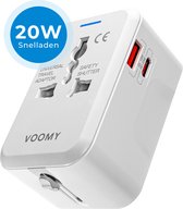Voomy Universal World Plug - Plus de 150 pays - Chargeur rapide USB-C 20 W et port USB-A - Prise de voyage Monde : Amérique (États-Unis), Angleterre (Royaume-Uni), Australie, Amérique du Sud, Afrique, Italie, Thaïlande - Wit