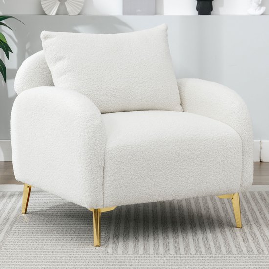 Sweiko Moderne minimalistische Teddy fluwelen fauteuil, gewatteerde casual fauteuil, single person sofa stoel, comfortabel rugleuning kussen, gouden metalen poten
