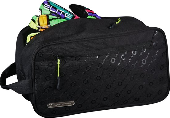 Zwarte sporttas met cirkelpatroon, open met gekleurde handschoenen erin.