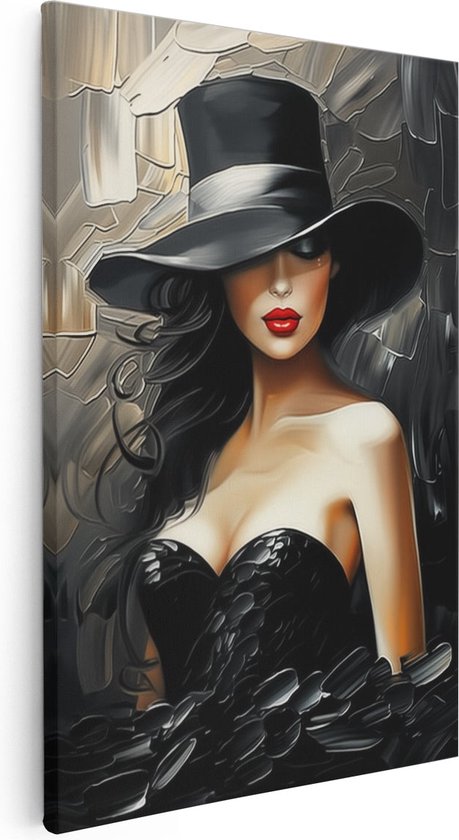 Artaza Canvas Schilderij Vrouw met een Zwarte Hoed - 20x30 - Klein - Foto Op Canvas - Canvas Print