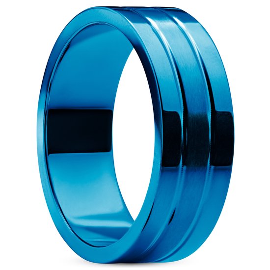 Ferrum | Anneau bleu à double rainure en acier inoxydable brossé et poli - 8 mm