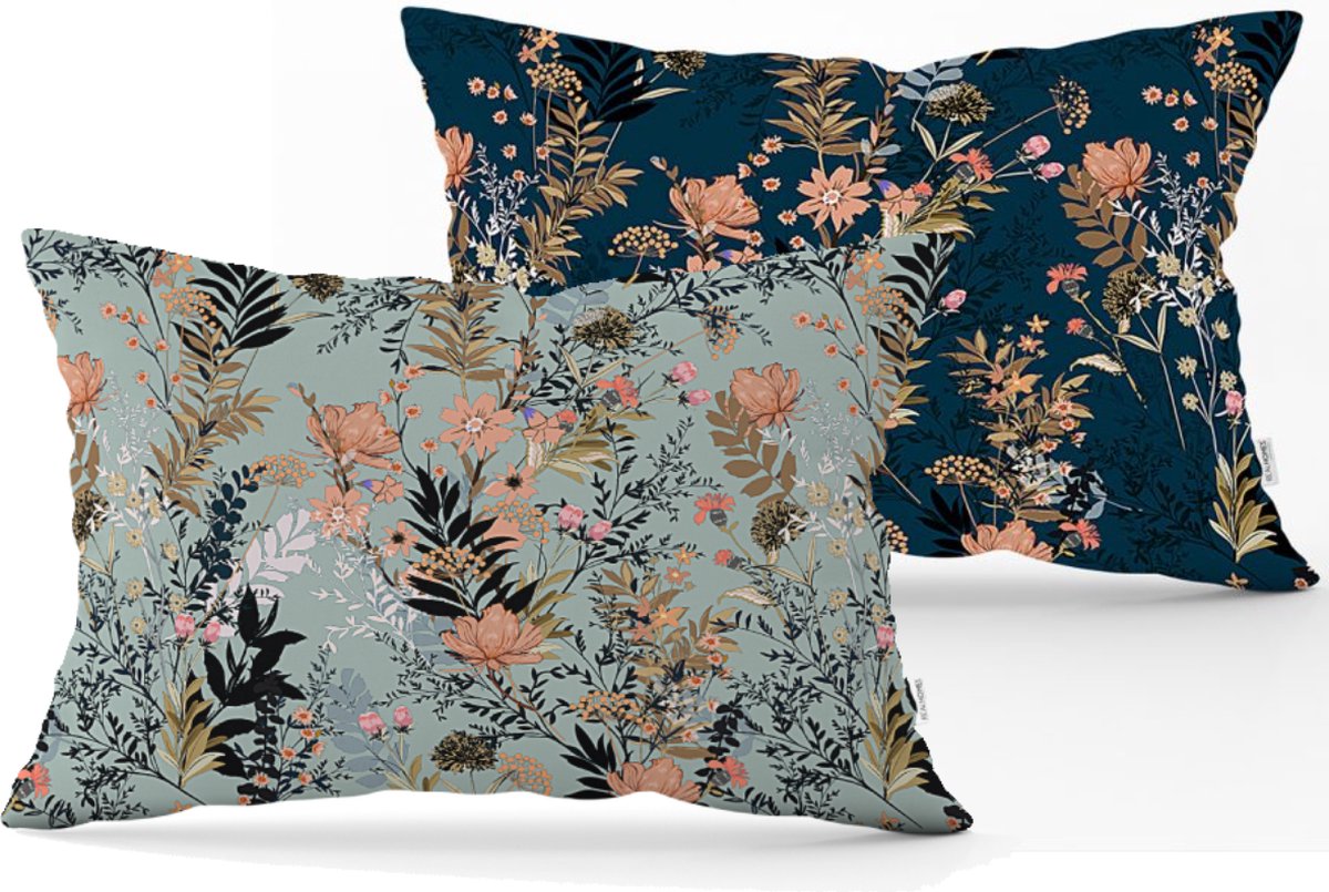 De Groen Home BLOEM Velvet Sierkussen set van 2 - 30x50 - Bloemen - Inclusief binnenkussen - Fluweelzachte kussensloop Donkerblauw