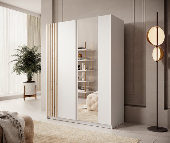 Meubella - Armoire Boets - Wit - Chêne - 150 cm - Avec miroir