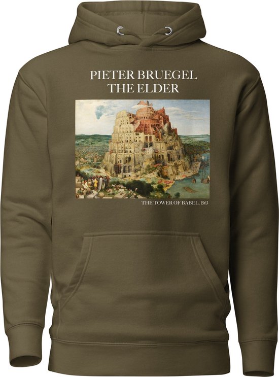 Pieter Bruegel de Oude 'De Toren van Babel' ("The Tower of Babel") Beroemd Schilderij Hoodie | Unisex Premium Kunst Hoodie | Military Green | XL