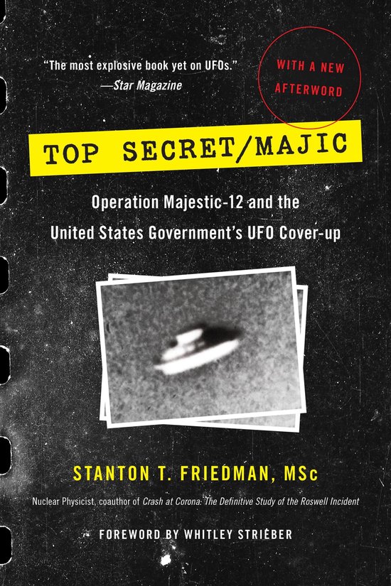 Boekomslag "Top Secret/Majic" met UFO-afbeelding, "Meest explosieve boek over UFO's" en "Met een nieuw nawoord".