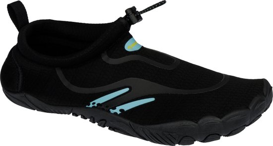 Chaussure d'eau noire avec lignes bleues et logo "Waimea", avec fermeture Velcro et cordon.