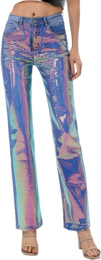 Dilena fashion Jeans metalic rainbow paillete effect