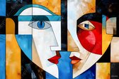 JJ-Art (Aluminium) 90x60 | Man en vrouw, kubisme, abstract, kleurrijk, kunst | gezicht, mens, rood, bruin, blauw, geel, wit, modern | foto-schilderij op dibond, metaal wanddecoratie