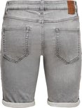 Achterkant van grijze denim shorts met omgeslagen broekspijpen.