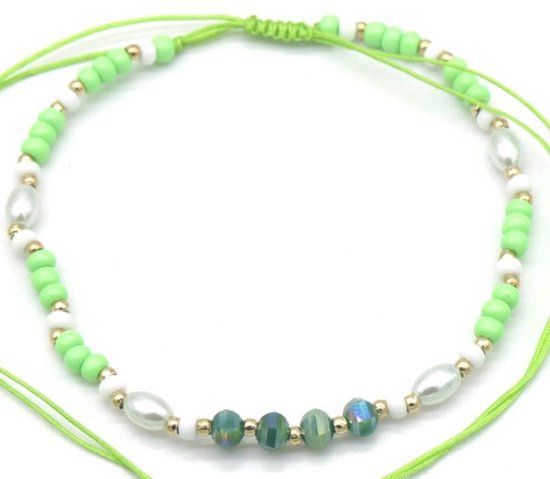 Bracelet de cheville - réglable - cordons - vert - couleur or - perles - été - festival - vacances