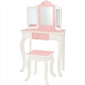 Kinder Kaptafel - Make Up Tafel Kind met Uitschuifbare Lade - Schminktafel Set met Driedelig Spiegelpaneel - Roze / Wit / Goud