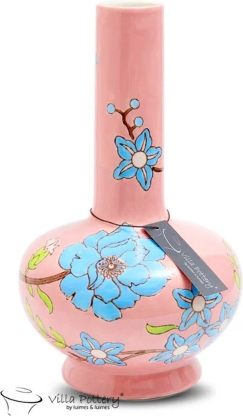 Vaas - Villa Pottery - Decoratie - Woondecoratie - Porselein - Waterdicht - Moederdagcadeau - Happy Flowers 2 Light Pink Light Blue