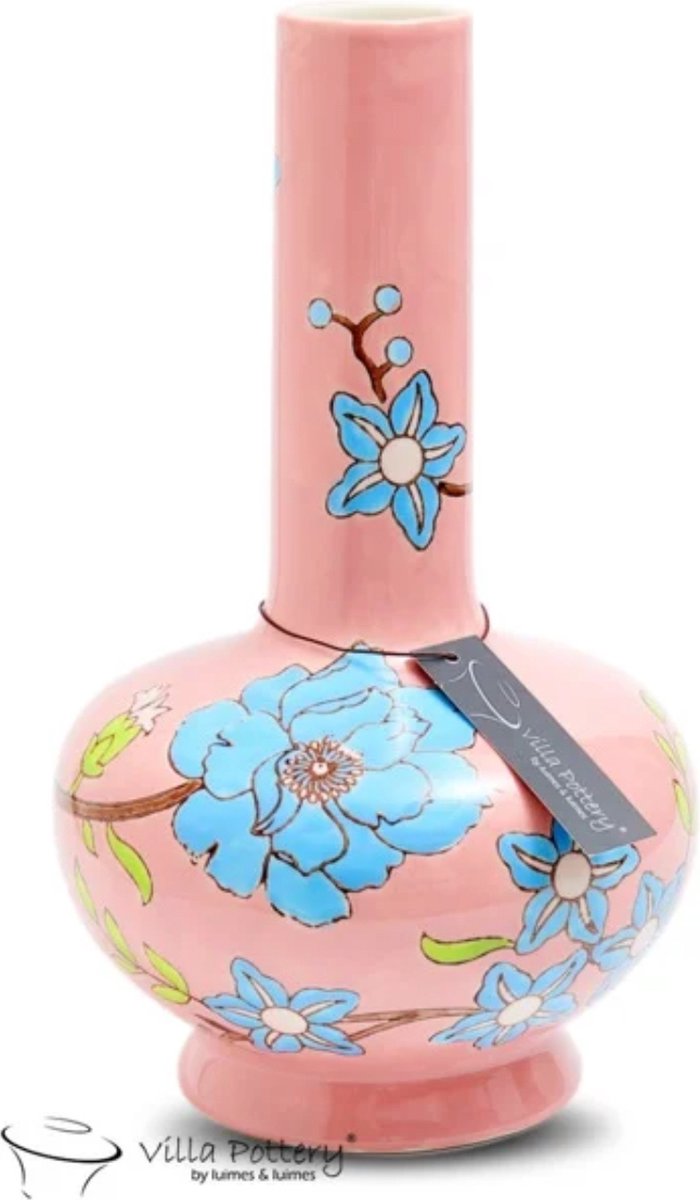 Irishflowers Vaas - Villa Pottery - Decoratie - Woondecoratie - Porselein - Waterdicht - Moederdagcadeau - Happy Flowers 2 Light Pink Light Blue Roze