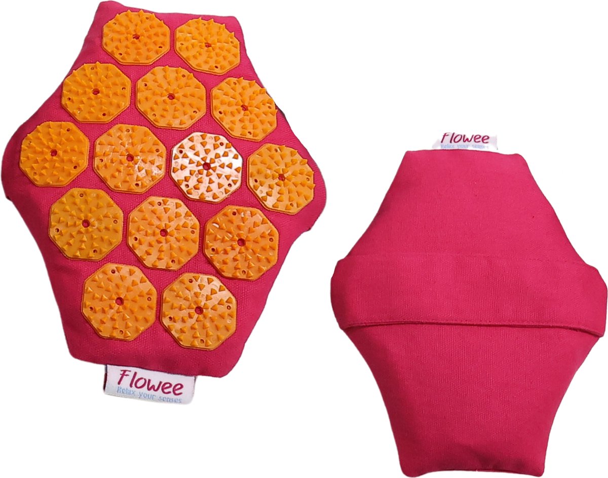 Flowee Spijkermat Massagehand - Fuchsia met oranje - Acupressuur Mat - Spijkerbed - Acupunctuur - Shakti Massage - Drukpunt massage