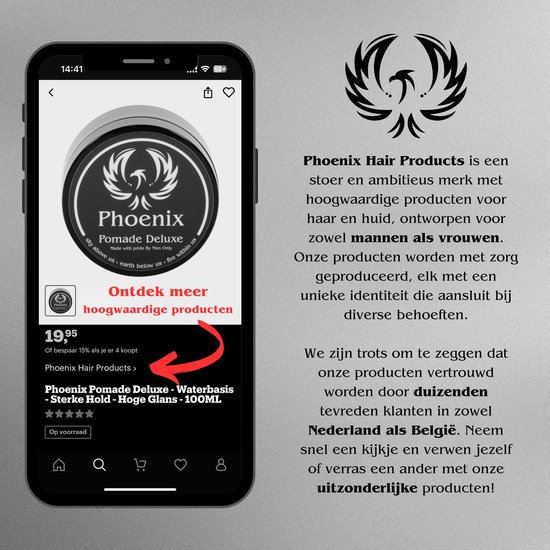 Telefoon met productpagina van Phoenix Pomade Deluxe. Prijs 19,95.