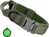 Tactische hondenhalsband, militaire hondenhalsband, verstelbaar met controlegreep, militaire hondenhalsband nylon met metalen gesp, voor honden, met opvouwbare hondenkom (L, groen)