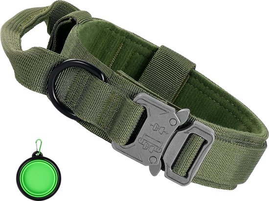 Foto: Tactische hondenhalsband militaire hondenhalsband verstelbaar met controlegreep militaire hondenhalsband nylon met metalen gesp voor honden met opvouwbare hondenkom l groen 