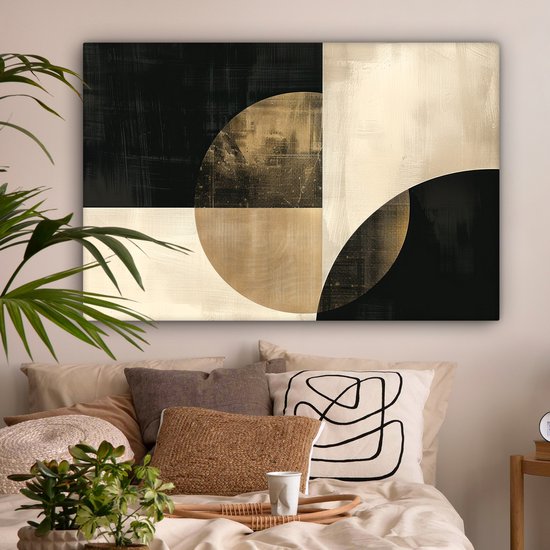 Peinture sur toile 120x80 cm - Décoration murale Abstrait - Formes géométriques - Zwart - Or - Décoration murale salon - Décoration chambre moderne - Tableaux abstraits