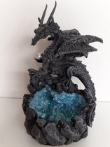 Draken beeld Zwart draakje op blauw kristal 15x11x10 cm