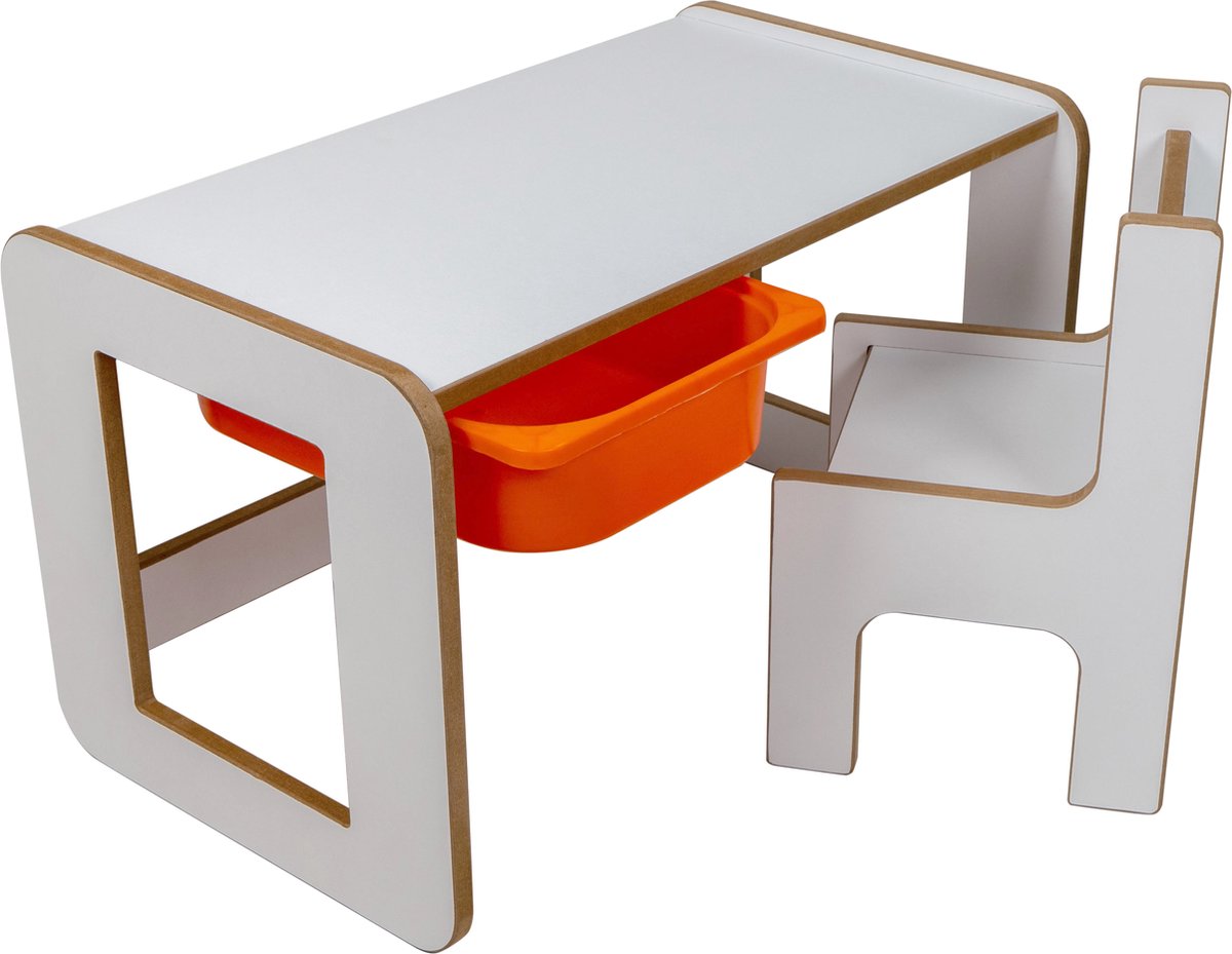Industrial living kindertafel met oranje opberglade - Kinderbureau - Tekentafel met kinderstoel - Speeltafel -Activiteitentafel - Hout - Wit