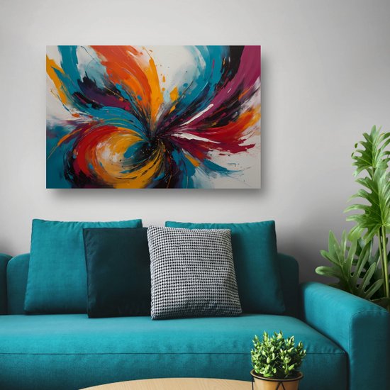 Abstract schilderij met wervelende kleuren zoals rood, oranje, blauw en paars.