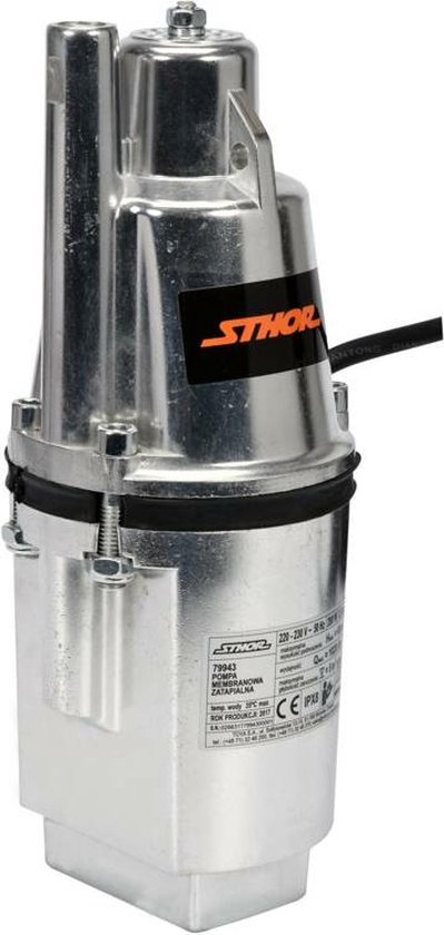 Zilverkleurige dompelpomp van Sthor met label 79943, 220-230V, 50Hz, 280W, Qmax 1020 l/h, Hmax 68m.