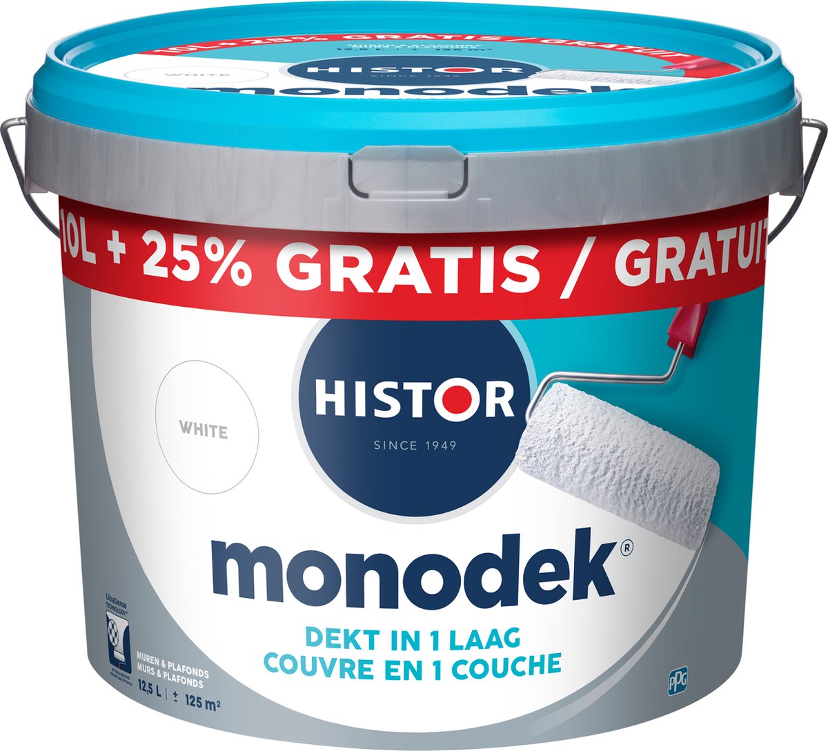 Histor Monodek – Muurverf Binnen Mat – Dekt in 1 Laag – Afwasbaar – Geurarm en Oplosmiddelvrij – Met Ultra Dense Technology voor Extra Dekkracht – Voor Binnen – Wit – 12,5L – foto 2