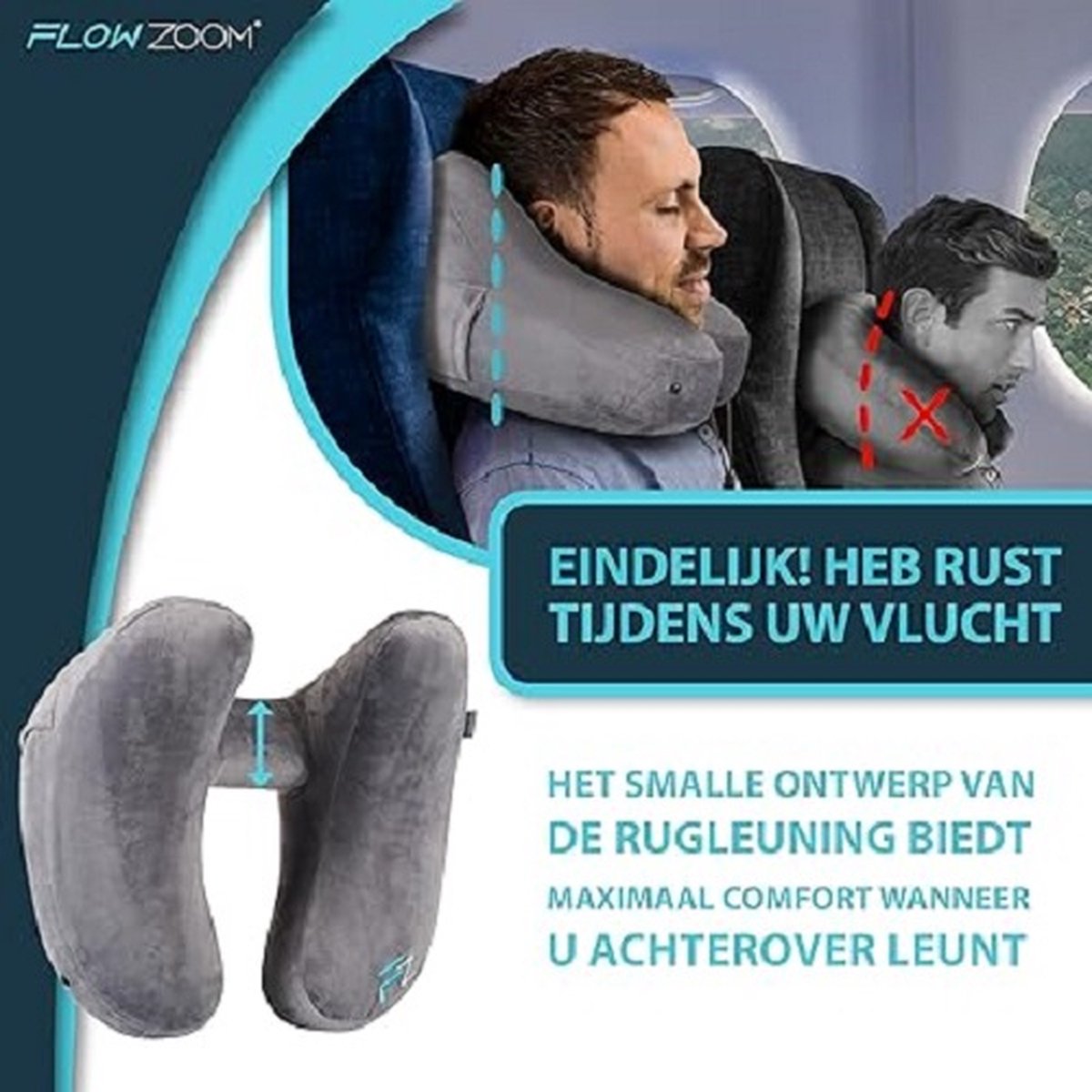 Slowwave Royal Snooze Travel Pillow - Opblaasbaar Nekkussen/Vliegtuigkussen - 4 Fijne Relaxposities - Optimale Ondersteuning Hoofd en Nek - Nekkussen Incl. Oordopjes - Blauw
