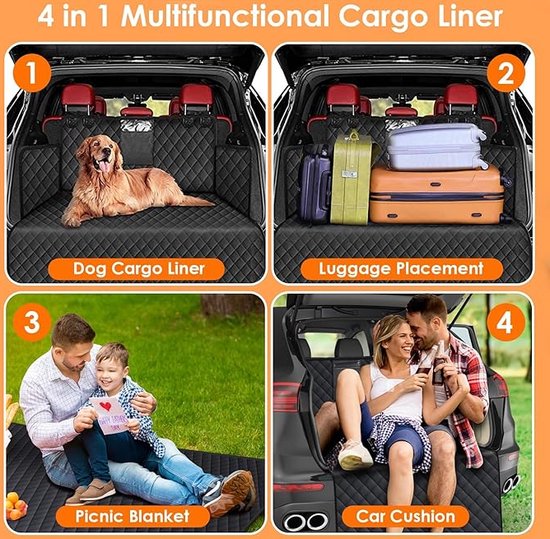 4-in-1 multifunctionele kofferbakliner: als hondenhoes, bagagerek, picknickkleed en autostoelkussen.