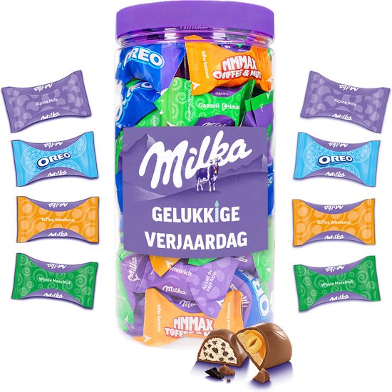 Milka Moments chocolademix "Gelukkige Verjaardag" - chocolade verjaardagscadeau - chocolade met hazelnoot, Alpenmelkchocolade, Oreo en toffee - 500g