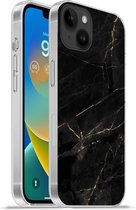 Geschikt voorApple Iphone 14 Plus - Soft case hoesje - Marmer print look - Luxe - Zwart - Goud - Siliconen Telefoonhoesje