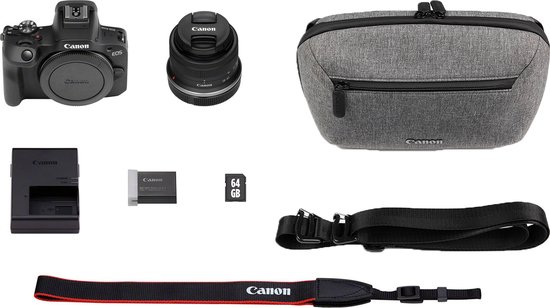 Foto: Canon r100 systeemcamera travel kit rf s 18 45mm is stm lens schoudertas geheugenkaart batterijpakket