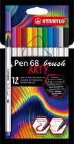 STABILO Pen 68 - Premium Brush Viltstift - Met Flexibele Penseelpunt - ARTY Etui Met 12 Verschillende Kleuren
