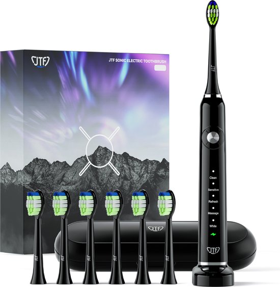 JTF Sonic P200 elektrische tandenborstel - 6 opzetborstels - Oplaadstandaard - Incl. travel case - Zwart