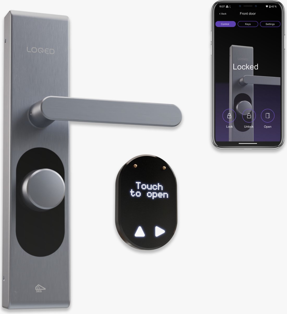 LOQED Touch Smart Lock – Slim Deurslot – Smartlock Slim Slot met Smart Home Integratie Bridge, Cilinder & Codetoegang - LOQED