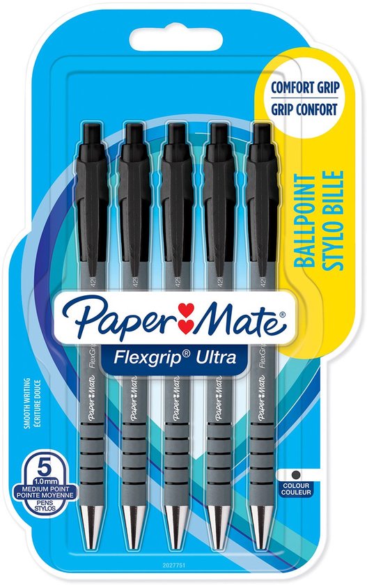 Paper Mate Flexgrip Ultra-balpennen met drukknop | Medium punt (1,0 mm) | Zwart | 5 stuks