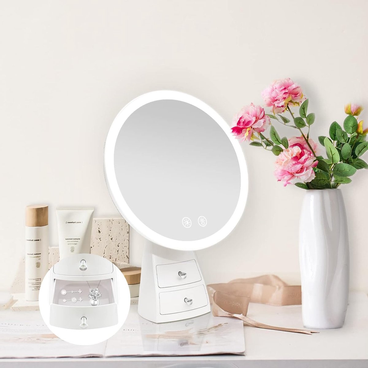 LED-Cosmeticaspiegel Makeup Spiegel met 3 Lichtkleuren en Aanraakschakelaar Staande Spiegel met 2 Kleine Lades Dimbaar Verstelbaar Draaibaar USB-Voeding