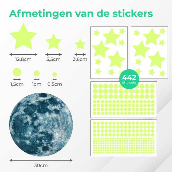 Nuvance - Glow in the Dark Sterren en Maan - 442 Stuks - Muurstickers Kinderkamer